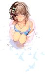  1girl blush bow breasts brown_eyes brown_hair cleavage collarbone from_above hair_bow jewelry knees looking_at_viewer necklace original predator_(hidden_predator) short_hair solo squatting strap_slip swimsuit toenail_polish water 