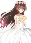  1girl alternate_hairstyle amanogawa_kirara bare_shoulders blush bouquet brown_hair dress earrings flower go!_princess_precure hair_down haru_(nature_life) jewelry long_hair looking_at_viewer precure simple_background solo star star_earrings violet_eyes wedding_dress white_background 