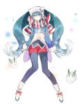  1girl artist_name blue_hair boots coat gloves hat hatsune_miku lavender_eyes leggings relly scarf shorts smile snow_bunny solo striped striped_legwear twintails vertical-striped_legwear vertical_stripes vocaloid yuki_miku 