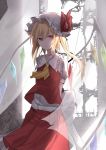  1girl arms_behind_back ascot blonde_hair curtains eisuto flandre_scarlet hat hat_ribbon light_smile long_hair looking_at_viewer mob_cap puffy_sleeves red_eyes ribbon sash shirt side_ponytail skirt solo touhou vest wind window wings 