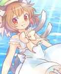  1girl :3 alternate_costume animal_ears armpits bow brown_eyes brown_hair cat_ears cat_tail chen commentary_request dress fang ibarashiro_natou multiple_tails nekomata short_hair solo tail touhou two_tails white_dress 