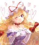  1girl artist_name blonde_hair bow breasts choker cleavage dated elbow_gloves gloves hair_bow hair_ornament hat hat_ribbon heart heart_hands long_hair mob_cap mochacot off_shoulder one_eye_closed puffy_sleeves ribbon ribbon_choker short_sleeves simple_background smile solo touhou upper_body violet_eyes white_background white_gloves yakumo_yukari 