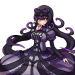  1girl borokuro bow chandelure dress eyebrows_visible_through_hair frilled_dress frills hair_bow long_hair looking_at_viewer personification pokemon pokemon_(game) pokemon_bw purple_dress purple_hair smile solo white_background yellow_eyes 