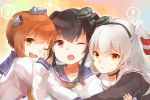  amatsukaze_(kantai_collection) black_hair brown_eyes brown_hair hair_ornament hairband hug kantai_collection meru_(merumumu) one_eye_closed short_hair silver_hair smile tokitsukaze_(kantai_collection) twintails violet_eyes yukikaze_(kantai_collection) 