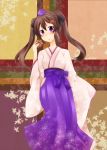 1girl alternate_costume bow brown_hair chiya hair_bow hair_ornament hakama hat himekaidou_hatate japanese_clothes leaf maple_leaf solo tokin_hat touhou twintails violet_eyes wide_sleeves 