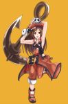  1girl anchor armpits art_is_de4d bangs brown_eyes brown_hair clothes_around_waist fingerless_gloves full_body gloves guilty_gear guilty_gear_xrd hat highres huge_weapon long_hair may_(guilty_gear) orange_background pants pants_rolled_up parted_bangs pirate_hat sailor_collar salute skull_and_crossbones sleeveless small_breasts solo weapon 