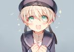  1girl beret blonde_hair clothes_writing green_eyes hat kantai_collection looking_at_viewer open_mouth sailor_collar sailor_hat shigaraki_(strobe_blue) short_hair smile solo z1_leberecht_maass_(kantai_collection) 