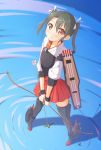  1girl absurdres airplane apollo_(hu_maple) armor arrow black_hair bow_(weapon) hair_ribbon highres japanese_clothes kantai_collection looking_at_viewer muneate red_eyes ribbon solo standing standing_on_water twintails water weapon zuikaku_(kantai_collection) 