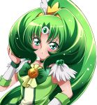  1girl absurdres blush bow brooch choker cure_march green_bow green_eyes green_hair highres jewelry long_hair magical_girl midorikawa_nao ponytail precure sharumon smile_precure! solo tri_tails white_background wrist_cuffs 