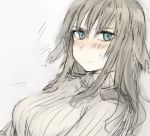  1girl blue_eyes blush breasts brown_hair elizabeth_f_beurling frown hashigo large_breasts long_hair looking_away lowres ribbed_sweater solo strike_witches sweatdrop sweater upper_body 