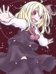  1girl :d blonde_hair fang hair_ribbon highres open_mouth outstretched_arms red_eyes ribbon rumia shirt short_hair skirt smile spread_arms takanoru thigh-highs touhou vest 
