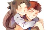  1boy 1girl black_hair closed_eyes emiya_shirou fate/stay_night fate_(series) grin hair_ribbon happy hug hug_from_behind kuriiro_benishi redhead ribbon school_uniform smile tohsaka_rin toosaka_rin two_side_up 