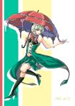  1girl black_legwear blonde_hair dress en_(pixiv_2028674) florges flower green_clothes green_shoes kneehighs navel outstretched_hand over_shoulder parasol personification pokemon shoes solo umbrella 