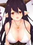  1girl black_hair bokokichi_(you) breasts cleavage danua granblue_fantasy horns jewelry large_breasts long_hair necklace open_mouth pointy_ears red_eyes solo upper_body 