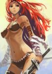  1girl absurdres bare_shoulders breasts brown_eyes highres long_hair navel okuto original redhead solo sword tattoo under_boob weapon 