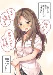  1girl blush brown_eyes brown_hair commentary_request hair_ornament hairpin hand_on_own_arm long_hair mikkii original school_uniform she_holds_my_weakness shirt solo sweatdrop translation_request white_shirt 