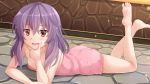  &gt;:d 1girl :d ass blush highres hiiragi_shinoa kazenokaze looking_at_viewer lying naked_towel on_stomach open_mouth owari_no_seraph purple_hair red_eyes smile solo thinking towel wet 
