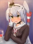  1girl amatsukaze_(kantai_collection) blush choker cup drinking_(artist) fang gloves hair_tubes hairband hand_on_own_cheek hat kantai_collection long_hair looking_at_viewer open_mouth silver_hair smoke solo twintails wine_glass yellow_eyes 
