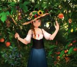  1girl bare_shoulders detached_sleeves fantasy flower food fruit grapes hat highres jumpei99 original peach scenery solo sunflower 