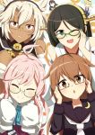  &gt;_&lt; 6+girls :o ;d ahoge black_hair blush brown_eyes brown_hair budget_sarashi closed_eyes dark_skin double_bun glasses green-framed_glasses grey_eyes hairband i-8_(kantai_collection) kantai_collection kirishima_(kantai_collection) light_brown_hair long_hair looking_at_viewer makigumo_(kantai_collection) mochizuki_(kantai_collection) multiple_girls musashi_(kantai_collection) one_eye_closed ooyodo_(kantai_collection) open_mouth pink_hair red_eyes sarashi short_hair smile tomato_(lsj44867) 