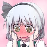  1girl blush bow breath embarrassed face full-face_blush hairband hands_on_own_cheeks hands_on_own_face hanya_(hanya_yashiki) konpaku_youmu no_nose open_mouth pink_background short_hair silver_hair simple_background solo touhou upper_body vest 