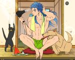  1boy bird cat dog fate/stay_night fate_(series) food fruit hair_down hair_dryer lancer long_hair male_swimwear red_eyes shimo_(s_kaminaka) swim_trunks watermelon 