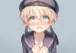  1girl beret blonde_hair blush clothes_writing green_eyes hat kantai_collection looking_at_viewer open_mouth sailor_collar sailor_hat shigaraki_(strobe_blue) short_hair solo tears z1_leberecht_maass_(kantai_collection) 