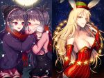  3girls animal_ears blonde_hair blush breasts bridal_gauntlets cannelle cleavage coffee corset fang finger_to_mouth hairband hat headphones large_breasts long_hair looking_at_another looking_at_viewer multiple_girls night official_art one_eye_closed open_mouth parted_lips peaked_cap purple_hair rabbit_ears red_eyes rion_flina short_hair shorts sion_flina smile snowing star sword_girls very_long_hair winter_clothes yellow_eyes yuri_(anachronic) 