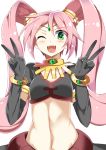  1girl black_gloves character_request commentary_request crop_top double_v e.o. elbow_gloves fang gloves green_eyes hair_ornament highres long_hair midriff navel one_eye_closed open_mouth pink_hair short_sleeves smile solo tiara twintails v very_long_hair 