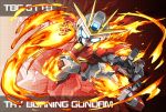  blue_eyes character_name clenched_hand fire glowing glowing_eyes gundam gundam_build_fighters gundam_build_fighters_try mecha memento_vivi no_humans try_burning_gundam zoom_layer 