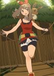  1girl ai-wa bike_shorts blue_eyes brown_hair eevee hair_ribbon haruka_(pokemon) haruka_(pokemon)_(remake) open_mouth pokemon pokemon_(creature) pokemon_(game) pokemon_oras ribbon shirt short_hair shorts sleeveless sleeveless_shirt treehouse 