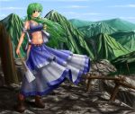  1girl adapted_costume alternate_costume bare_shoulders belt boots crop_top crop_top_overhang full_body gohei green_eyes green_hair hair_ornament hair_tubes hater_(artist) highres japanese_clothes kochiya_sanae landscape long_hair long_skirt looking_at_viewer midriff miko mountain nature navel off_shoulder open_clothes open_vest skirt sleeveless smile snake_hair_ornament solo touhou vest 
