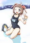  1girl breasts brown_hair commentary_request double_bun failure_penguin kantai_collection kou1 naka_(kantai_collection) one-piece_swimsuit one_eye_closed open_mouth school_swimsuit short_hair smile swimsuit 