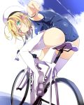 1girl ass beret bicycle blonde_hair from_behind glasses green_eyes hat highres i-8_(kantai_collection) kantai_collection mtu_(orewamuzituda) red-framed_glasses school_swimsuit short_hair swimsuit thigh-highs white_legwear 
