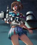  &gt;:o 1girl :o backlighting black_gloves blue_background blue_eyes breasts brown_hair cowboy_shot gloves hair_ornament hairclip highres kantai_collection kazunoko looking_to_the_side maya_(kantai_collection) miniskirt open_mouth pleated_skirt remodel_(kantai_collection) sailor_dress serious short_hair skirt sleeveless solo 