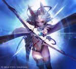  absurdres animal_ears arrow attack bow_(weapon) cape determined highres lens_flare long_hair original quiver red_eyes silver_hair thigh-highs wayjilam weapon 