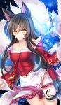  1girl ahri animal_ears black_hair braid detached_sleeves facial_mark felicia-val fox_ears fox_tail highres league_of_legends long_hair looking_at_viewer magic multiple_girls parted_lips solo tail yellow_eyes 