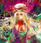  1girl alternate_eye_color bangs blonde_hair blue_eyes breasts brown_eyes choker cleavage colorful commentary_request dress eyes gradient_eyes hands hat hat_ribbon huge_breasts lips long_hair looking_at_viewer lowres mob_cap multicolored_background multicolored_eyes nose parted_lips psychedelic purple_dress ribbon ribbon_choker solo surreal taut_clothes taut_dress touhou uedajyoko upper_body yakumo_yukari 