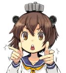  1girl brown_hair headgear isshiki_tarou kantai_collection looking_at_viewer open_mouth pointing pointing_at_viewer sailor_dress school_uniform serafuku short_hair solo white_background yukikaze_(kantai_collection) 