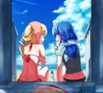  2girls :d aikatsu! arm_support back bag bangs beach bikini bikini_under_clothes black_bikini blonde_hair blouse blue_hair blue_nails blue_sky bottle closed_eyes clouds eyelashes facing_another from_behind handbag highres holding_bottle horizon hoshimiya_ichigo kiriya_aoi laughing long_hair multiple_girls nail_polish ocean open_mouth outdoors ponytail ramune red_nails ru-wichi scrunchie see-through side-tie_bikini sitting sky smile swimsuit swimsuit_under_clothes towel towel_around_neck towel_on_head 