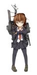 &gt;:( 1girl and_dokari black_legwear black_skirt blazer brown_hair frown full_body kantai_collection loafers long_sleeves looking_away machinery necktie official_art orange_eyes pantyhose pleated_skirt shoes short_hair skirt solo standing transparent_background turret wakaba_(kantai_collection) 