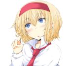  1girl alice_margatroid blonde_hair blue_eyes blush capelet chata_maru_(irori_sabou) hairband open_mouth playing_with_own_hair solo touhou upper_body 
