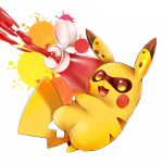  :d artist_request domino_mask firing highres ketchup nintendo no_humans open_mouth paint_splatter parody pikachu pokemon pokemon_(creature) smile solo splatoon white_background 