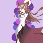  1girl absurdres animal_ears breasts brooch brown_hair cleavage dress grey_eyes heterochromia highres imaizumi_kagerou jewelry long_hair long_sleeves looking_at_viewer open_mouth red_eyes solo touhou wolf_ears 