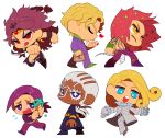  +_+ 6+boys arm_blade blonde_hair blue_eyes chibi dark_skin diavolo enrico_pucci food freckles funny_valentine highres ice_cream jojo_no_kimyou_na_bouken kars_(jojo) kira_yoshikage li_sakura long_hair multiple_boys pink_hair priest purple_hair red_eyes severed_hand steel_ball_run sweatdrop sweater vinegar_doppio violet_eyes weapon white_hair yellow_eyes 