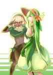  2girls brown_legwear brown_skirt dark_skin dress elbow_gloves en_(pixiv_2028674) flower fur_trim gloves green_dress green_gloves green_hair hat hat_flower headband lilligant midriff multiple_girls navel open_mouth personification pokemon pokemon_(game) pokemon_bw skirt sun_hat v whimsicott white yellow_eyes 