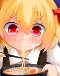  1girl blonde_hair blush bow eating egg face food hair_bow highres koji_(kohei66) noodles raised_eyebrow ramen red_eyes rumia solo sweat touhou 