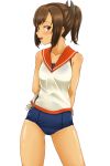  1girl brown_eyes brown_hair highres i-401_(kantai_collection) kantai_collection open_mouth ponytail sailor_collar school_swimsuit school_uniform short_hair smile solo swimsuit tan tanline tr-6 