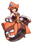  1girl anchor ankle_boots belt boots breasts brown_eyes brown_hair coattails fingerless_gloves full_body gloves guilty_gear guilty_gear_xrd hat hi-inu highres huge_weapon long_hair may_(guilty_gear) pants pants_rolled_up pirate_hat sailor_collar sideboob skull_and_crossbones sleeveless small_breasts solo weapon 