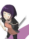  1girl arms_behind_back boku_no_hero_academia choker clenched_teeth collarbone constricted_pupils facial_mark from_above gokujou_no_kaeru-yaki highres holding_knife jirou_kyouka knife pantyhose plug purple_hair short_hair simple_background solo torn_clothes violet_eyes white_background 